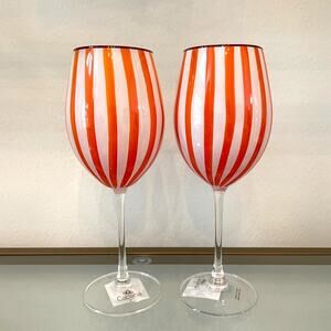 Cabana Orange Striped Wine Goblet Glass Set of 2 Holiday NEW